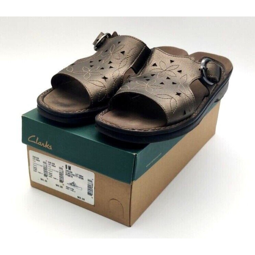 Clarks Womens Patty Anne Slides Sandals Pewter Gray Cutout Leather Slip Ons 9 M